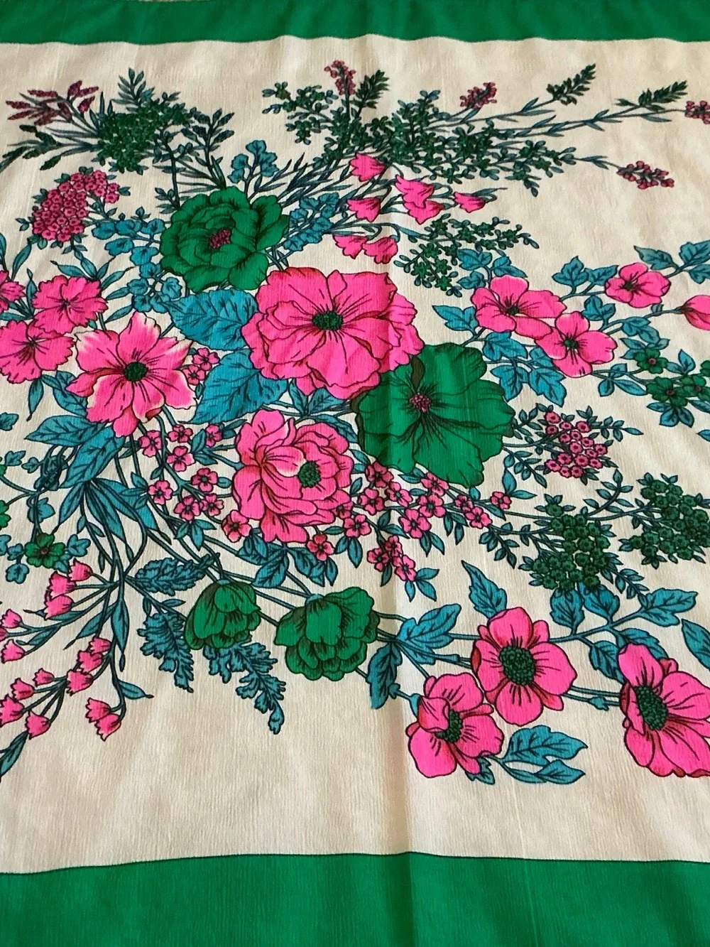 True Vintage 60’s/70’s era Large Green &Pink Floral Scarf, Boho
